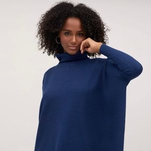 Batwing-Sleeve Turtleneck Tunic Sweater: Navy